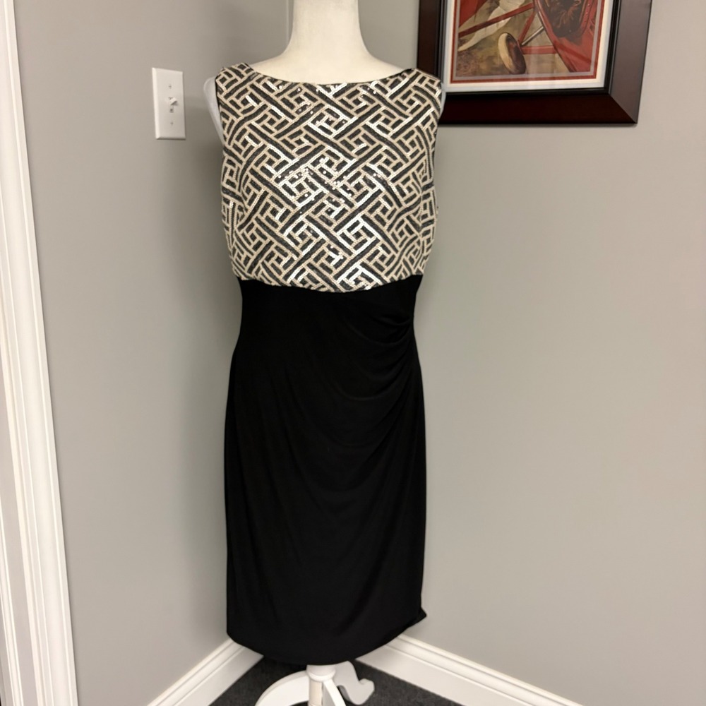 Lauren Ralph Lauren Sequin Geometric Bodice Ruched Sheath Dress Black Silver 14